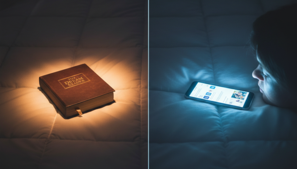 Comparar a leitura de um livro físico com o uso de celular ou tablet antes de dormir ajuda a entender por que esse hábito específico tem tanto valor.